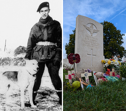 Private Emile Cortiel with para-dog Glen; Emile's tombstone in Ranville War Cemetery, Normandy, with various tributes laid at the base.