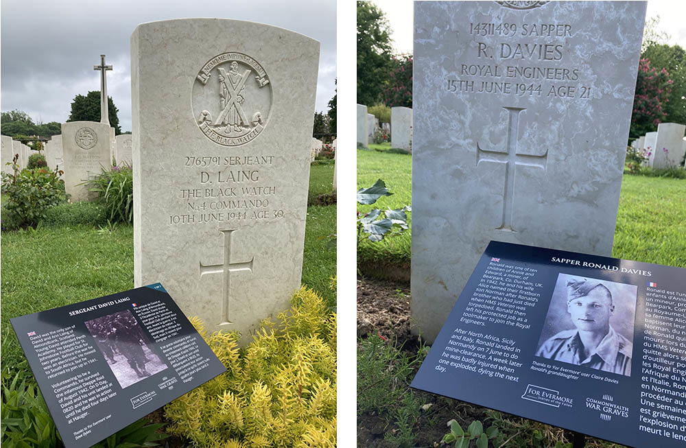 Left to right: Headstone of D. Laing with information sign placed to the lower left of his grave marker; right shows the same format but for Sapper R Davies.