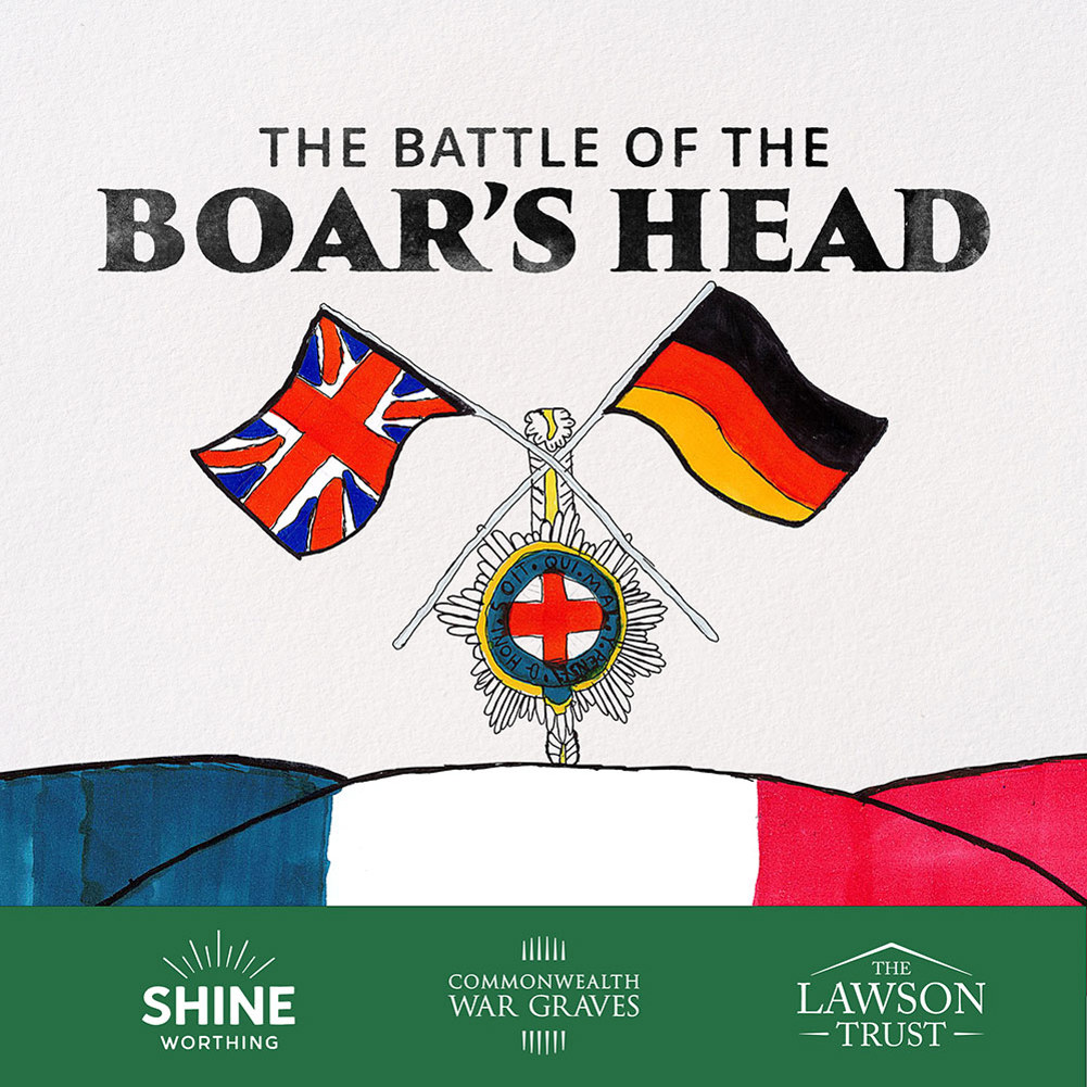 The Battle of the Boar's Head podcast artowrk showing crossed UK and German flags over a cap badge, set over rolling hills coloured int he french tricolour.