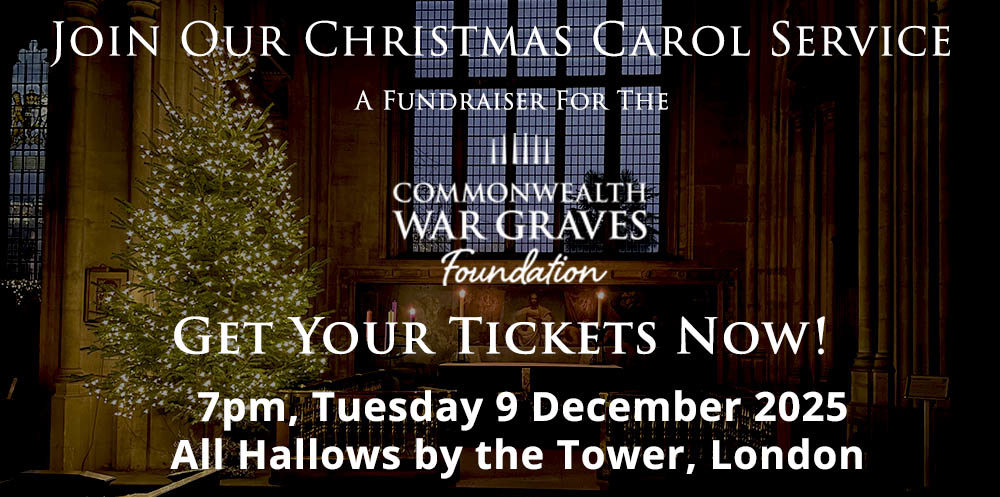 CWG Christmas Carol Service advert with text laid over a christmas altar and tree scene set up in All Hallow's by the Tower Churc, London: