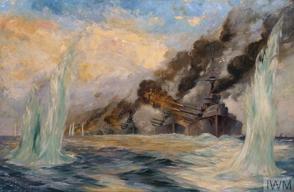 An oil panting showing a line of British warships firing their guns at the battle of Jutland. Plumes of flame and smoke eminate from the guns. In the foreground, the artist has drawn great splashes where shells have hit the water.