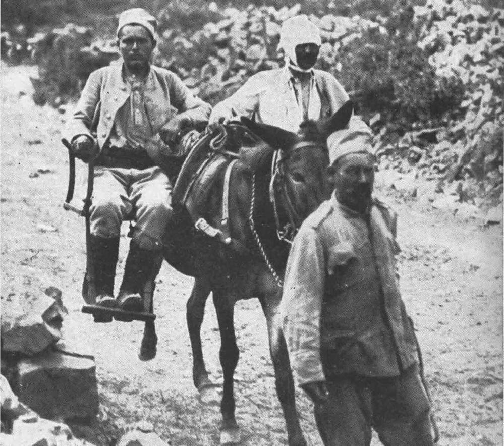 Three First World War-era Cypriot muleteers and their mule walking up a mountain track.