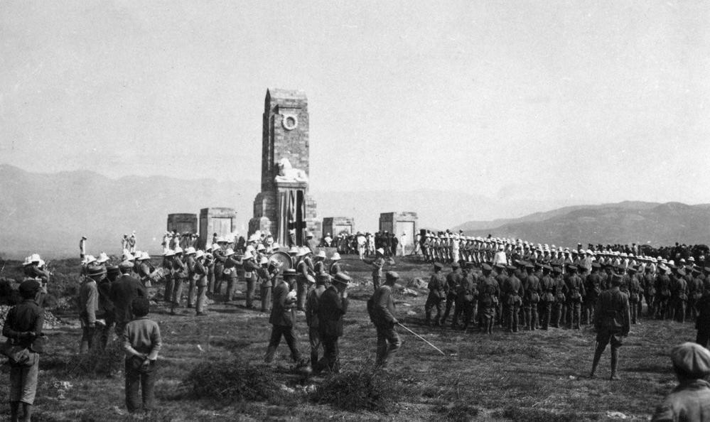 Troops march around the newly unveiled Doiran Memorial in Greece, circa 1926.