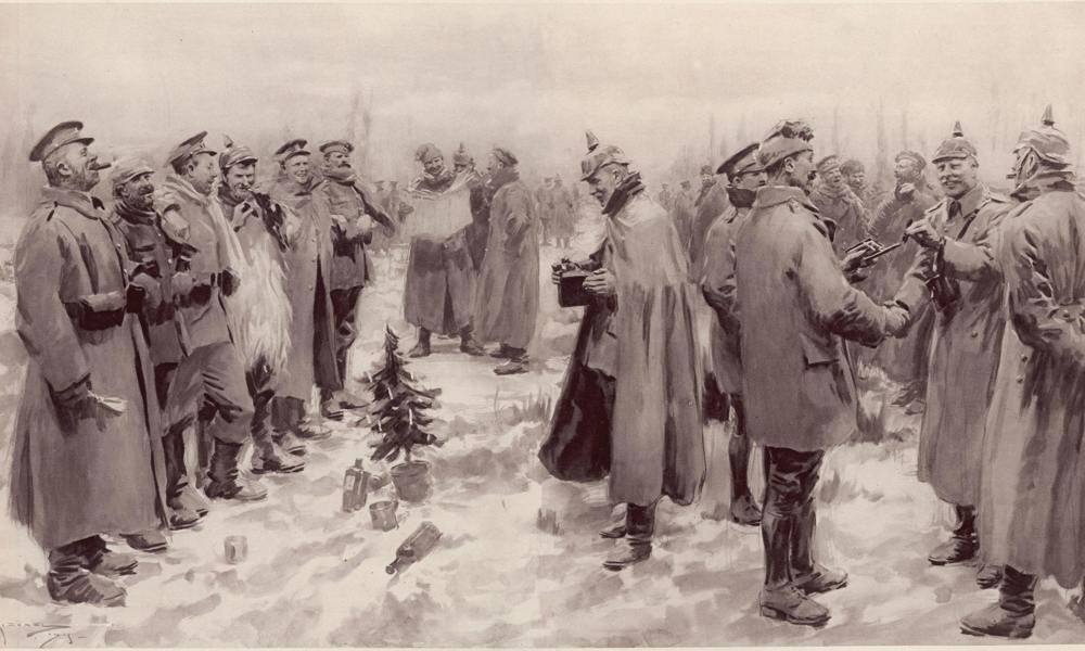 Illustration of British and German soliders meeting in No Man's Land during the 1914 Christmas Truce. A small Christmas tree with gifts has been placed on the ground. The soldiers are conversing, laughing, and smiling.